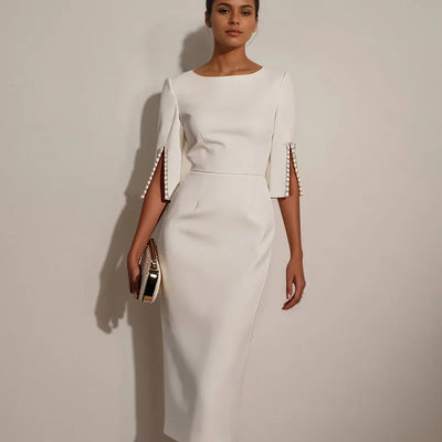 Women Solid Dress Elegant O-Neck OL Office Ladies New Beaded Design Dresses