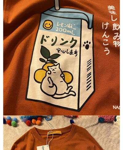 Cotton Loose Retro Short-sleeved T-shirt Women's 2024 Summer New Korean Version Cartoon Print Top