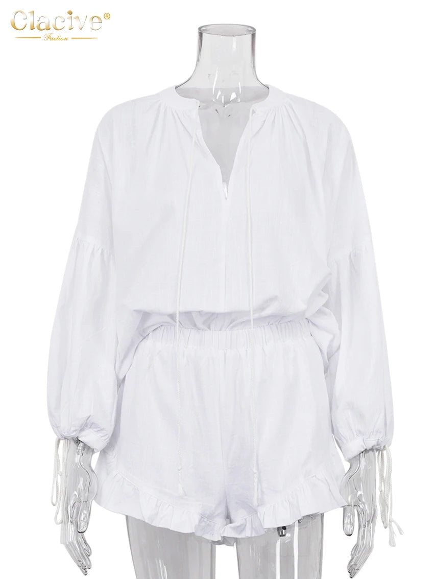 2024 Casual Beach Suits Fashion Summer Cotton Linen Loose Ruffle Shorts Suits Women Long Sleeve Drawstring Pullover 2 Pieces Set