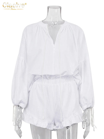 2024 Casual Beach Suits Fashion Summer Cotton Linen Loose Ruffle Shorts Suits Women Long Sleeve Drawstring Pullover 2 Pieces Set
