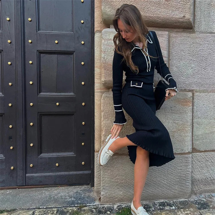 Elegant Ruffled Women Dress Long  Pit Stripe Knit Dresses For Winter Autumn Retro Lapel Pearl Button Fall Fashion Vestidos Robes