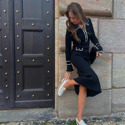 Elegant Ruffled Women Dress Long  Pit Stripe Knit Dresses For Winter Autumn Retro Lapel Pearl Button Fall Fashion Vestidos Robes