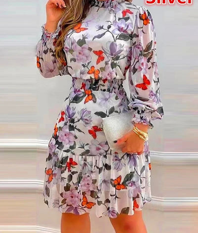 Midi Dress Women Long Sleeve Floral Print Party Elegant Evening High Waist Summer Dresses Mom Loose Maxi Work Vestidos S-3XL