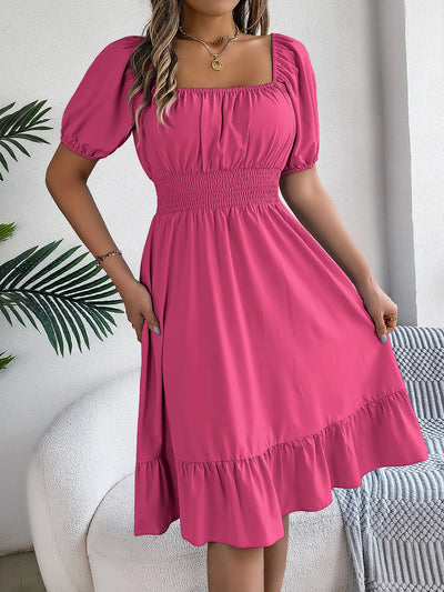 Women's MIidi Dresses 2024 Summer Casual Square Neck Short Sleeved Waist Ruffle Edge Dress Dress Women Elegant Платья Женские