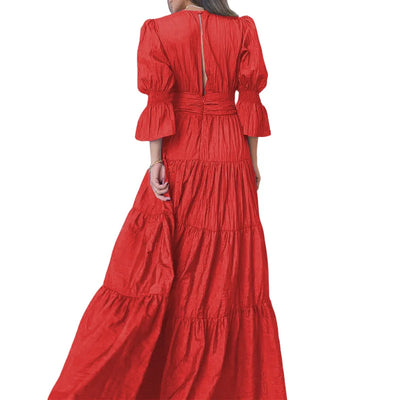 Elegant Ruffle Splicing High Waist And Large Swing Dress For Spring 2025 New Women's Fashion V-neck Long Sleeved Maxi Dress