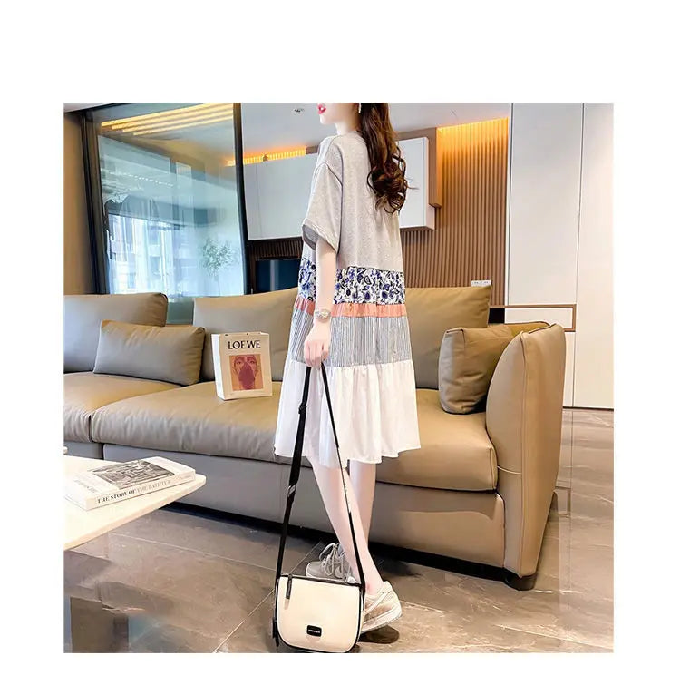 Casual Short Sleeve Letter Dresses Female Clothing Summer Loose A-Line Fashion Printed Patchwork Korean Round Neck Midi Dress
