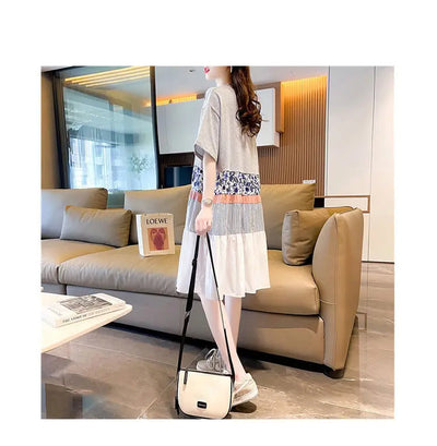 Casual Short Sleeve Letter Dresses Female Clothing Summer Loose A-Line Fashion Printed Patchwork Korean Round Neck Midi Dress