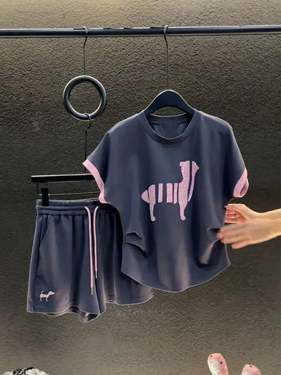 Casual Shorts 2024 New O-neck Two-piece Suit Ladies Loose Short Sleeve Tops Summer Women's Clothing Elastic Waist Straight Pants
