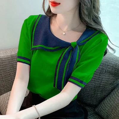 Casual Short Sleeve T-shirt for Women Loose Contrast Sweet All-match Solid Ice Silk Tops Tees Summer New Fashion Korean Clothing