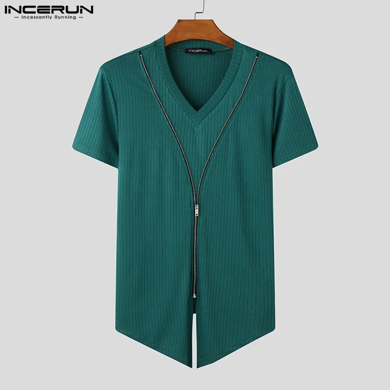 Short Sleeve Tops Tee Fashion Zipper Men T-Shirts Solid Color Irregular Tops V Neck Sexy Party Streetwear Oversize Tee INCERUN