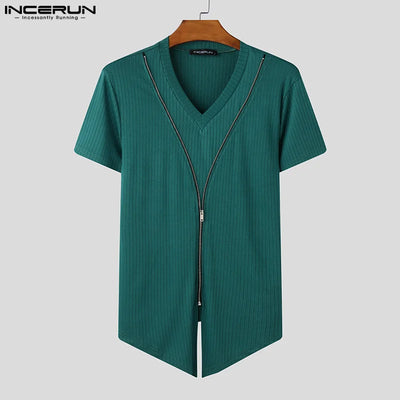 Short Sleeve Tops Tee Fashion Zipper Men T-Shirts Solid Color Irregular Tops V Neck Sexy Party Streetwear Oversize Tee INCERUN