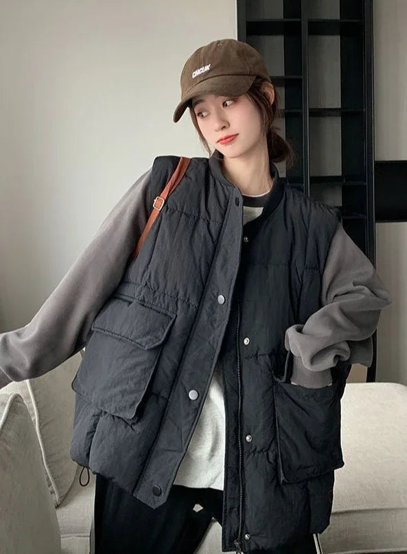 Loose Black Women's Vests Elegant Cold Insulated Youthful Lady Padded Cotton Giletes Working Clothes Fashion 2024 Sleeveless