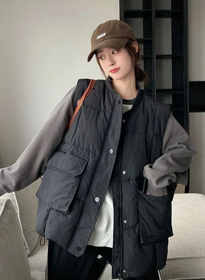 Loose Black Women's Vests Elegant Cold Insulated Youthful Lady Padded Cotton Giletes Working Clothes Fashion 2024 Sleeveless