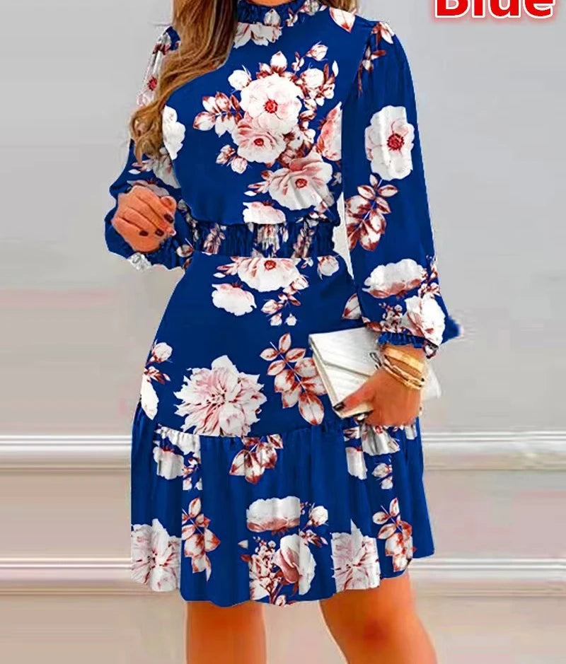 Midi Dress Women Long Sleeve Floral Print Party Elegant Evening High Waist Summer Dresses Mom Loose Maxi Work Vestidos S-3XL