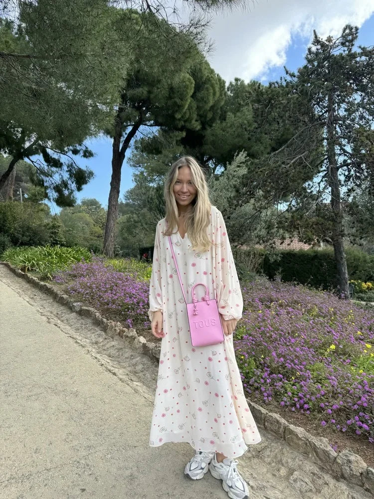 Wolfeel  Summer Women Printed Chiffon  V-neck Dress Sweet Casual Loose Beach Lace Up Long Skirts Fashionable Office Lady Dress