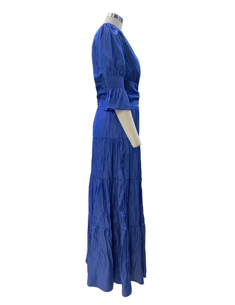 Elegant Ruffle Splicing High Waist And Large Swing Dress For Spring 2025 New Women's Fashion V-neck Long Sleeved Maxi Dress