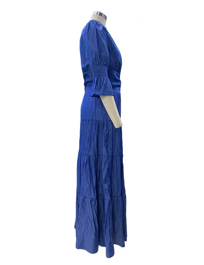 Elegant Ruffle Splicing High Waist And Large Swing Dress For Spring 2025 New Women's Fashion V-neck Long Sleeved Maxi Dress