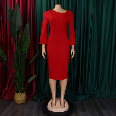 Elegant Office Dress for Women Professional Skew Collar Full Sleeve Sheath Package Hips Mid Calf Formal Business Work Wear Dress