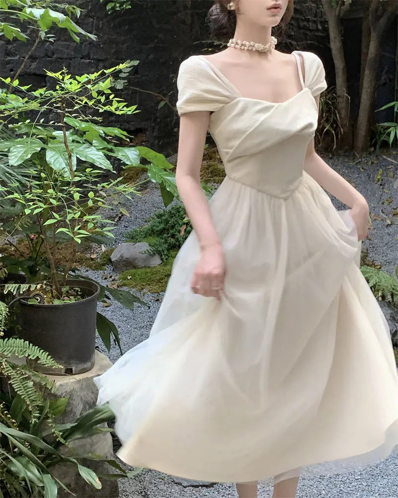 Midi Dress Women Pure Princess Summer Aesthetic Defined Elegant Ladies Gentle Spliced Chic Mesh Partywear French Style Vestidos