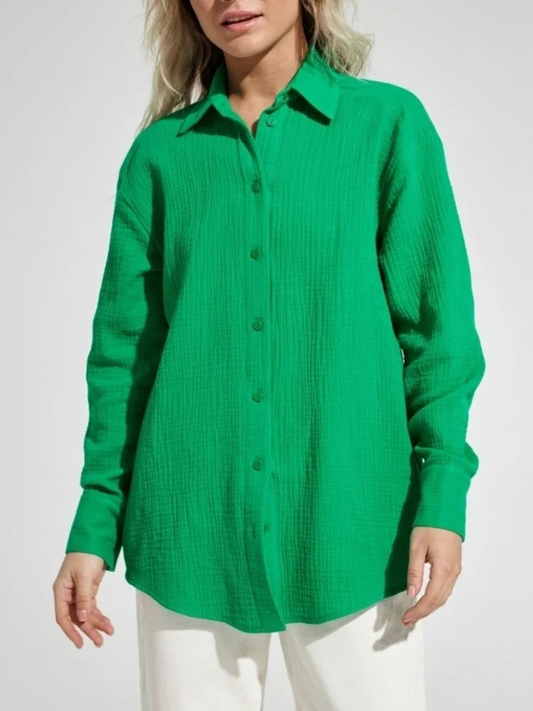 Wolfeel  Women's Spring Summer 100% Cotton Shirts Office Lady  Fashionable Solid Lady Long Sleeve Loose Tops Crepe Shirts