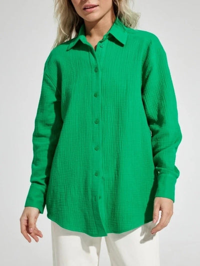 Wolfeel  Women's Spring Summer 100% Cotton Shirts Office Lady  Fashionable Solid Lady Long Sleeve Loose Tops Crepe Shirts