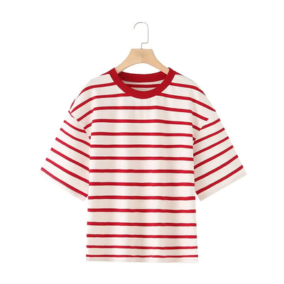 Striped Women's Fashion T-shirts O-neck Short Sleeve Tee Tshirts Blouse Top Cotton Tops for Summer 2024 Harajuku Tshirt