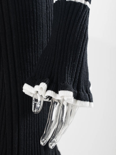 Elegant Ruffled Women Dress Long  Pit Stripe Knit Dresses For Winter Autumn Retro Lapel Pearl Button Fall Fashion Vestidos Robes
