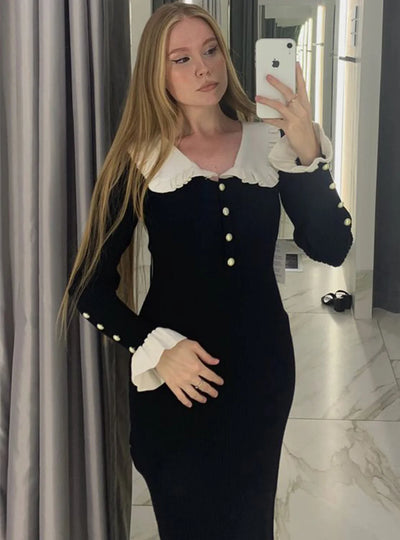 Elegant Party Dresses Woman Mid Length Ruffle Edge Dress with Contrasting Colors Knitted Dress 2024 Autumn Ladies French Dress