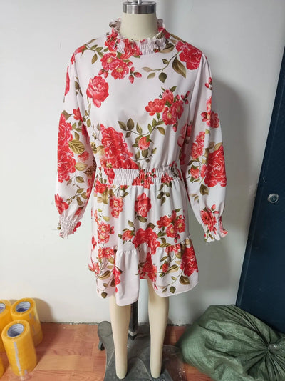 Midi Dress Women Long Sleeve Floral Print Party Elegant Evening High Waist Summer Dresses Mom Loose Maxi Work Vestidos S-3XL