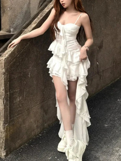 Elegant Sleeveless Ruffle High Low Dress Women Retro White Gothic Vintage  Midi Dress Evening Party French Fashion Summer New
