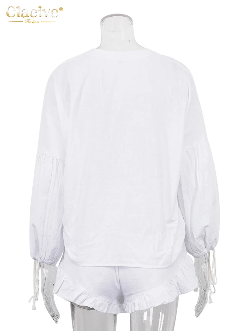 2024 Casual Beach Suits Fashion Summer Cotton Linen Loose Ruffle Shorts Suits Women Long Sleeve Drawstring Pullover 2 Pieces Set