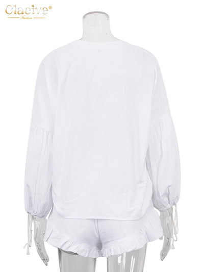 2024 Casual Beach Suits Fashion Summer Cotton Linen Loose Ruffle Shorts Suits Women Long Sleeve Drawstring Pullover 2 Pieces Set