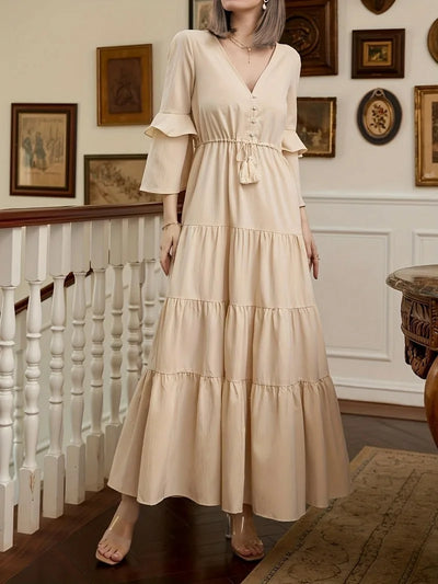 Elegant Women Corset Ruffle Dress Sexy Fashion Long Flare Sleeve V Neck High Waist Party Floor Length Dress Robe for Women