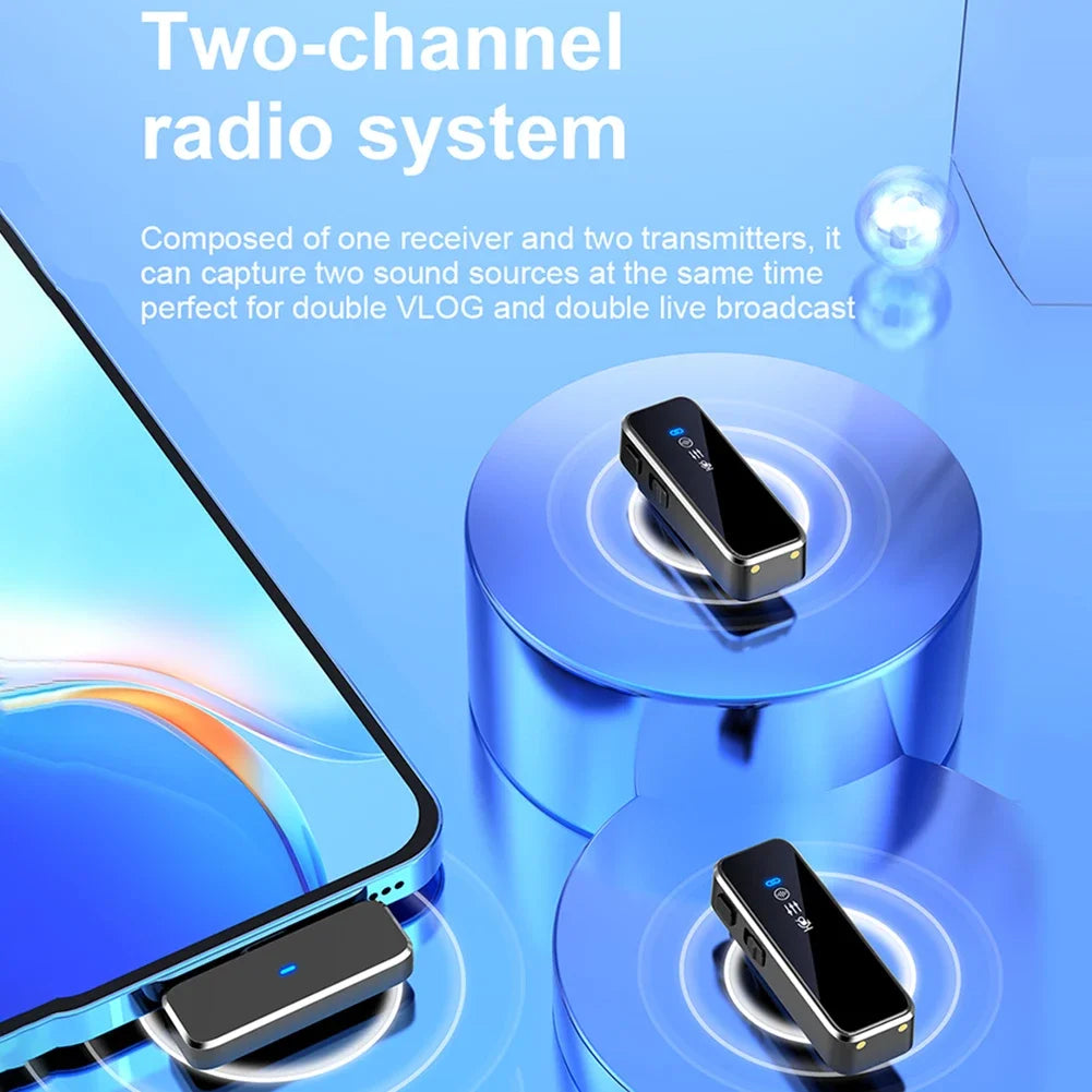 Wireless Lavalier Microphone Mini Portable Lapel Mic Dual-Channel Audio Video Voice Recording LCD for iPhone Android Live Stream