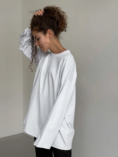 Wolfeel Women Summer 100% Cotton T-shirt Bottoming Spring Basic Fashionable Solid Lady Long Sleeve Loose Tops Shirts