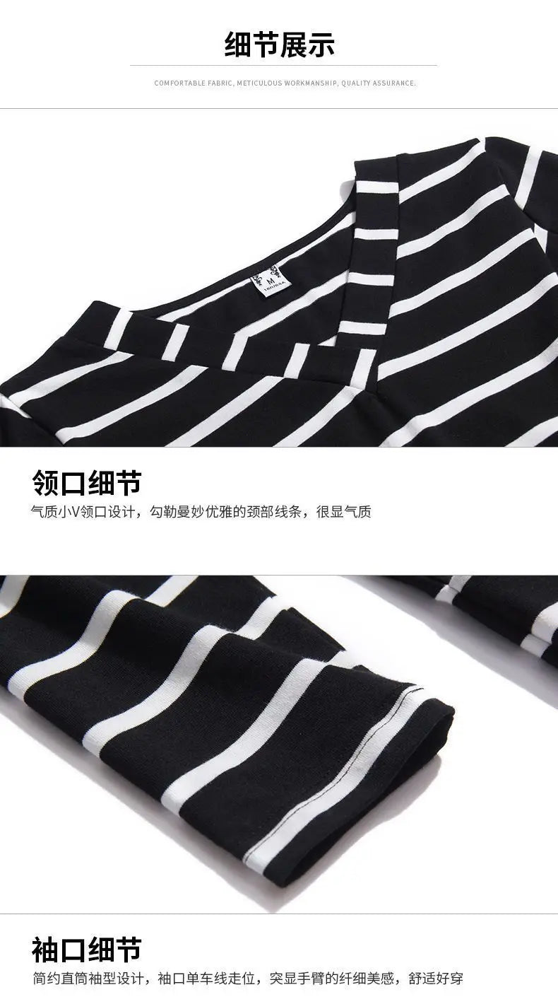 Women's V-Neck Casual All-match Midi Striped Tops Fashion Elegant Long Sleeve Pullovers T-shirt Female Clothing Spring Autumn