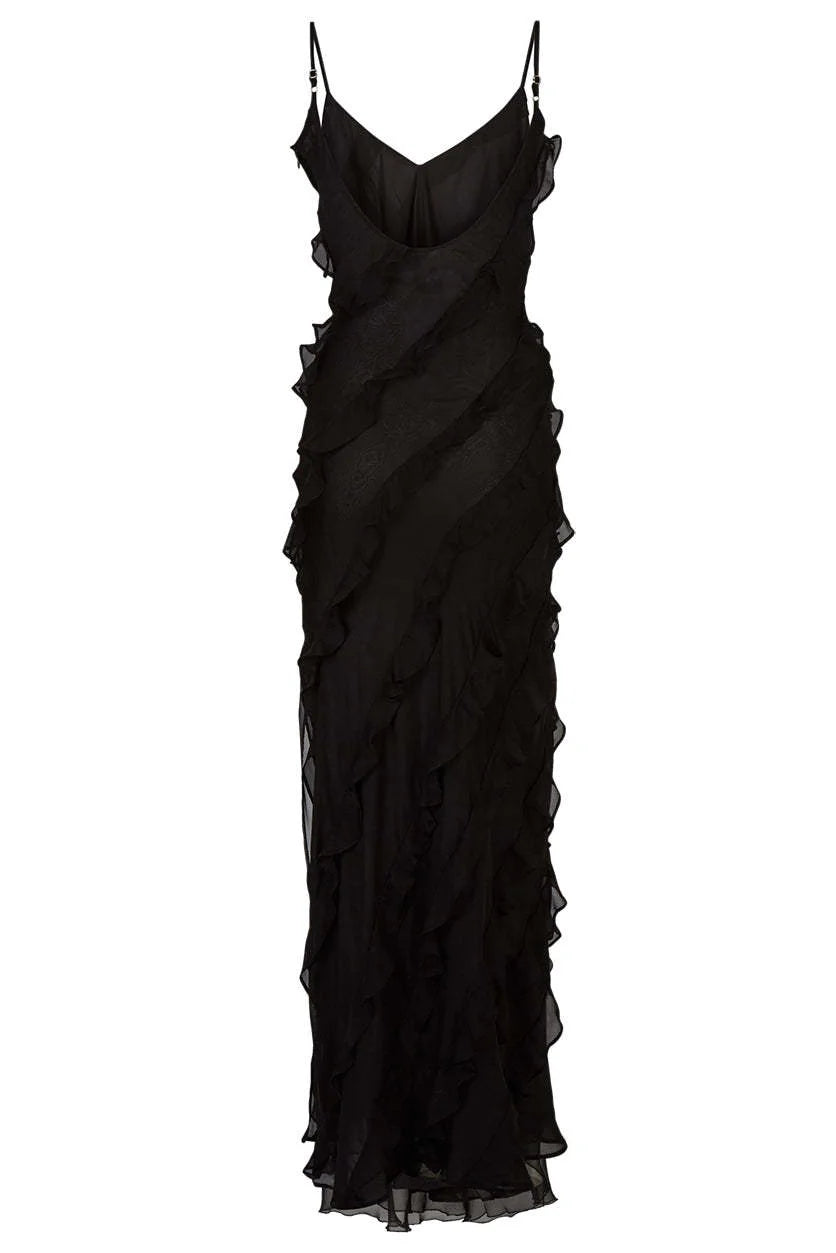 Elegant Stacked Ruffle Split Hem Long Dress Women Sexy Sleeveless Backless Chiffon V Neck Dresses 2024 New Lady Vacation Vestido