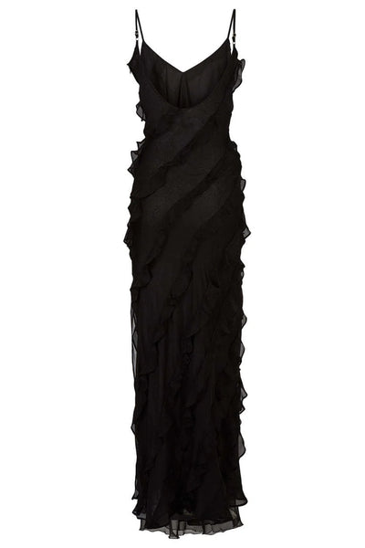 Elegant Stacked Ruffle Split Hem Long Dress Women Sexy Sleeveless Backless Chiffon V Neck Dresses 2024 New Lady Vacation Vestido