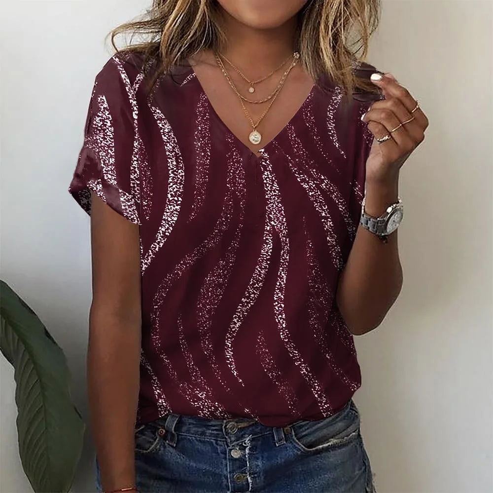 Beauty V-Neck Women's T-Shirt Printed T Shirt For Women Summer Short Sleeve Tee Fashion Casual Ladies Clothes New Pullover Tops