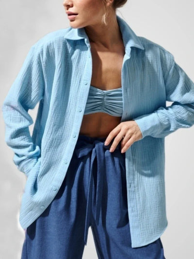 Wolfeel  Women's Spring Summer 100% Cotton Shirts Office Lady  Fashionable Solid Lady Long Sleeve Loose Tops Crepe Shirts
