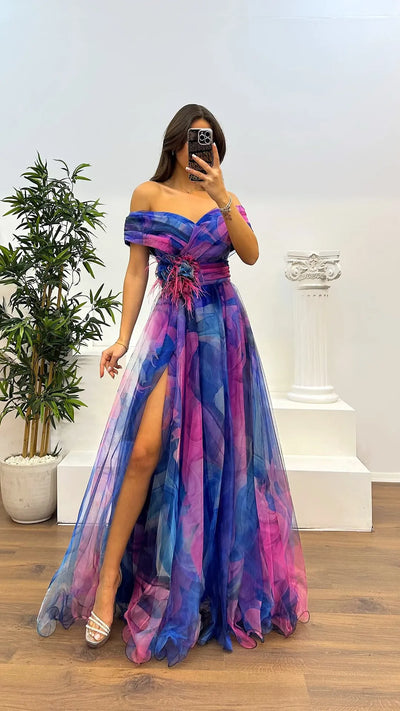 Elegant Formal Party Dress Elegant  Tie-dye Ball Gown with Mesh Bubble Sleeves Split Hem Women's Evening Dress