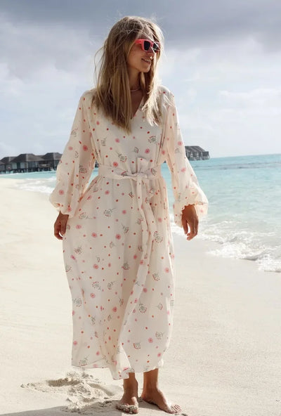 Wolfeel  Summer Women Printed Chiffon  V-neck Dress Sweet Casual Loose Beach Lace Up Long Skirts Fashionable Office Lady Dress
