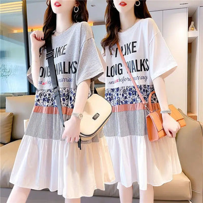 Casual Short Sleeve Letter Dresses Female Clothing Summer Loose A-Line Fashion Printed Patchwork Korean Round Neck Midi Dress