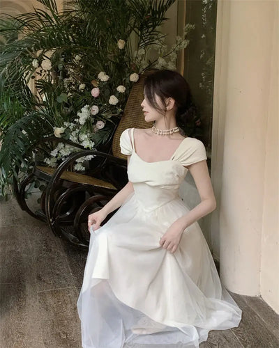 Midi Dress Women Pure Princess Summer Aesthetic Defined Elegant Ladies Gentle Spliced Chic Mesh Partywear French Style Vestidos