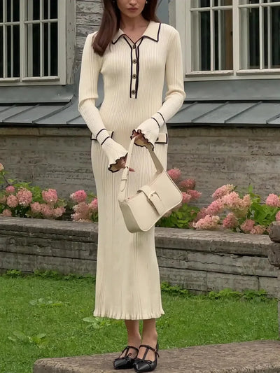 Elegant Ruffled Women Dress Long  Pit Stripe Knit Dresses For Winter Autumn Retro Lapel Pearl Button Fall Fashion Vestidos Robes