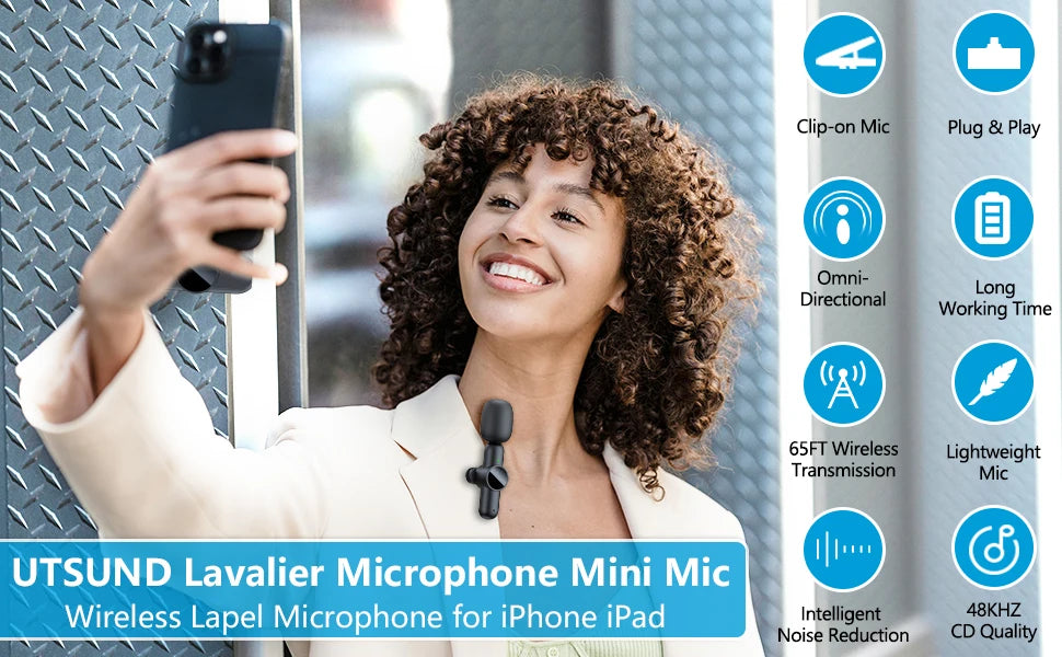 Wireless Lavalier Microphone for iPhone iPad Professional Mini Microphone Plug-Play on Lapel Mic for Video Recording Interview
