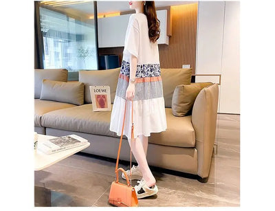 Casual Short Sleeve Letter Dresses Female Clothing Summer Loose A-Line Fashion Printed Patchwork Korean Round Neck Midi Dress