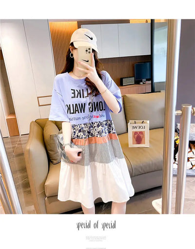 Casual Short Sleeve Letter Dresses Female Clothing Summer Loose A-Line Fashion Printed Patchwork Korean Round Neck Midi Dress
