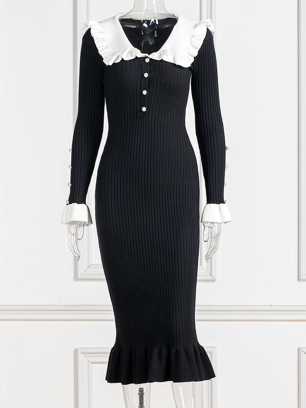 Elegant Ruffled Women Dress Long  Pit Stripe Knit Dresses For Winter Autumn Retro Lapel Pearl Button Fall Fashion Vestidos Robes