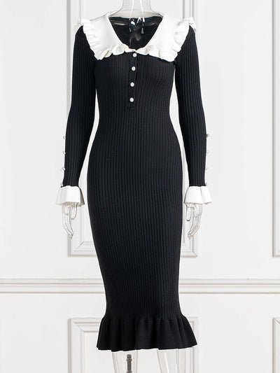 Elegant Ruffled Women Dress Long  Pit Stripe Knit Dresses For Winter Autumn Retro Lapel Pearl Button Fall Fashion Vestidos Robes